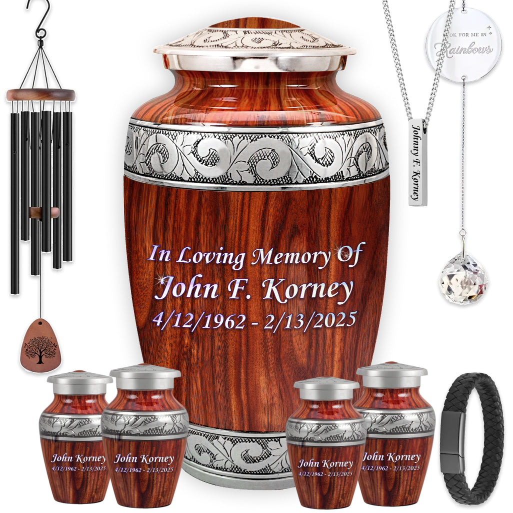 Printed Wood & Silver Hand-Engraved Cremation Urn