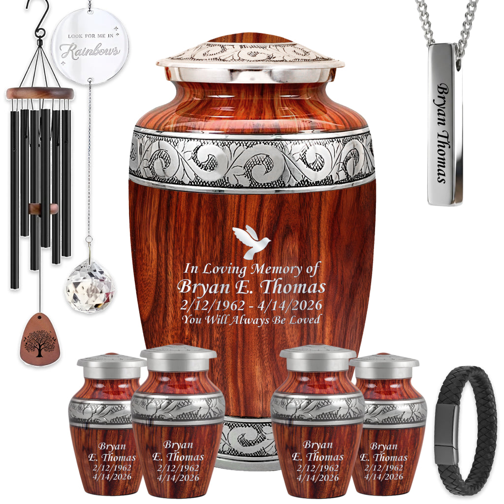 Printed Wood & Silver Hand-Engraved Cremation Urn