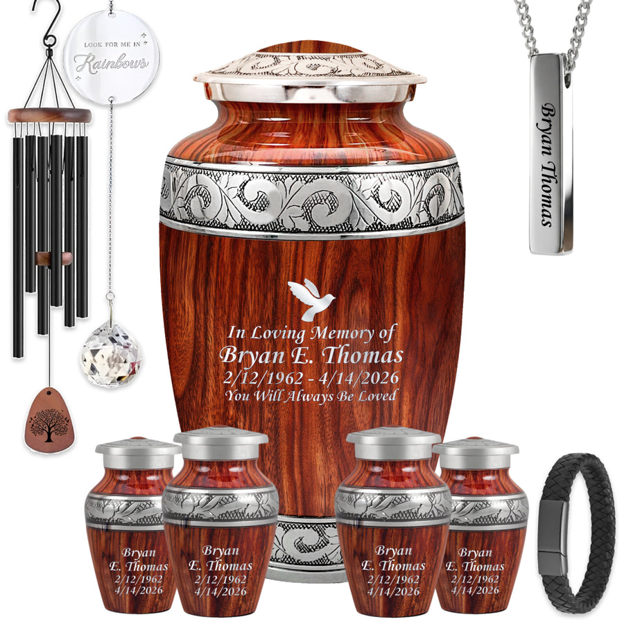 Printed Wood & Silver Hand-Engraved Cremation Urn