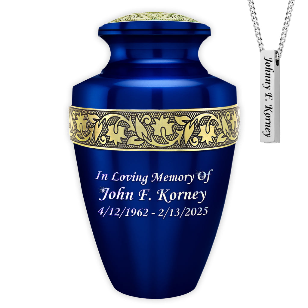 Blue & Gold Engraved Grecian Cremation Urn
