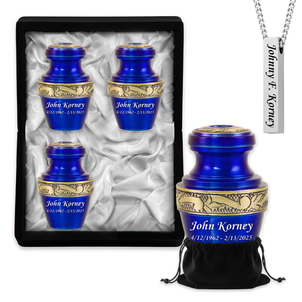 Blue & Gold Engraved Grecian Cremation Urn