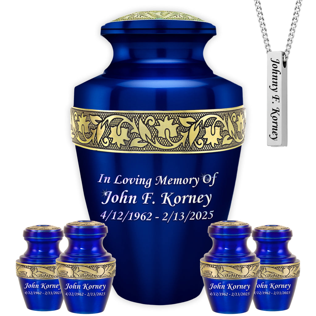 Blue & Gold Engraved Grecian Cremation Urn