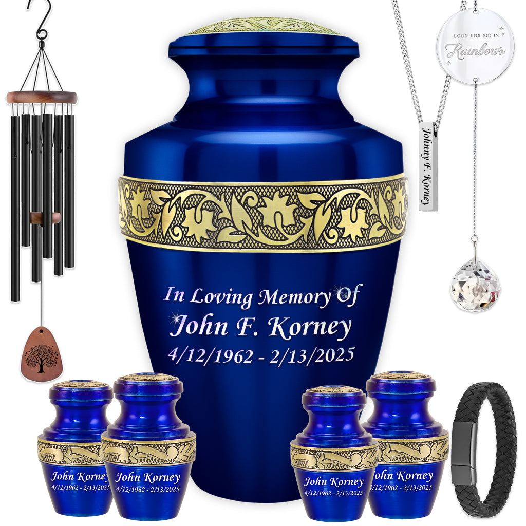Blue & Gold Engraved Grecian Cremation Urn