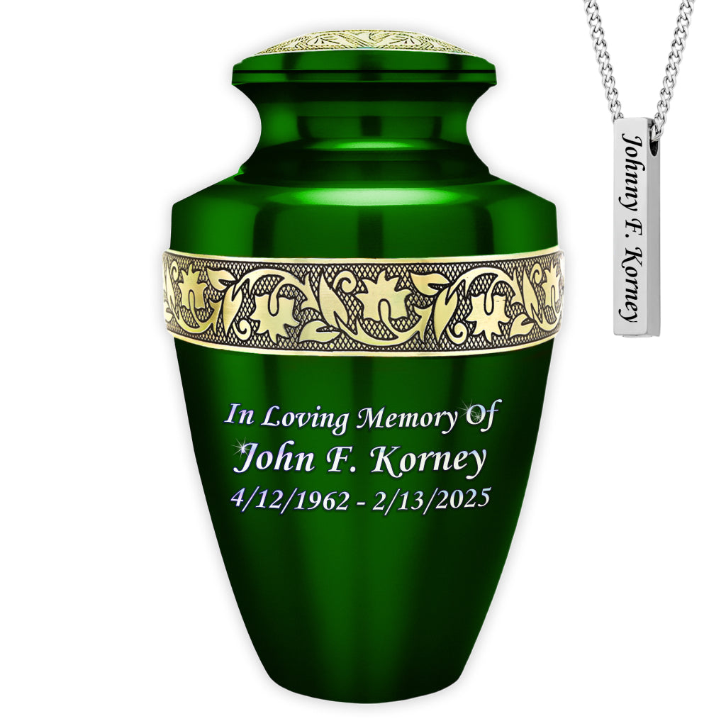 Green & Gold Engraved Grecian Cremation Urn