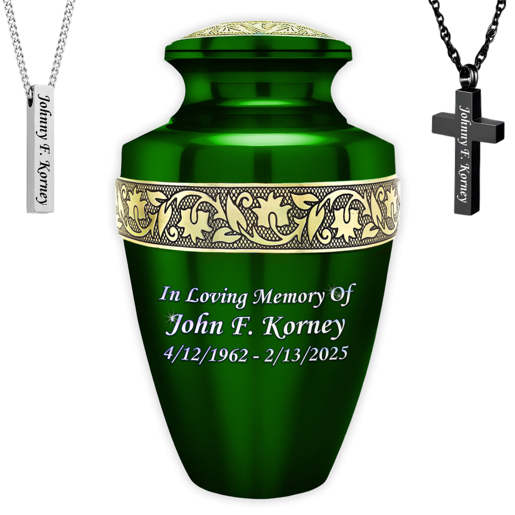 Green & Gold Engraved Grecian Cremation Urn