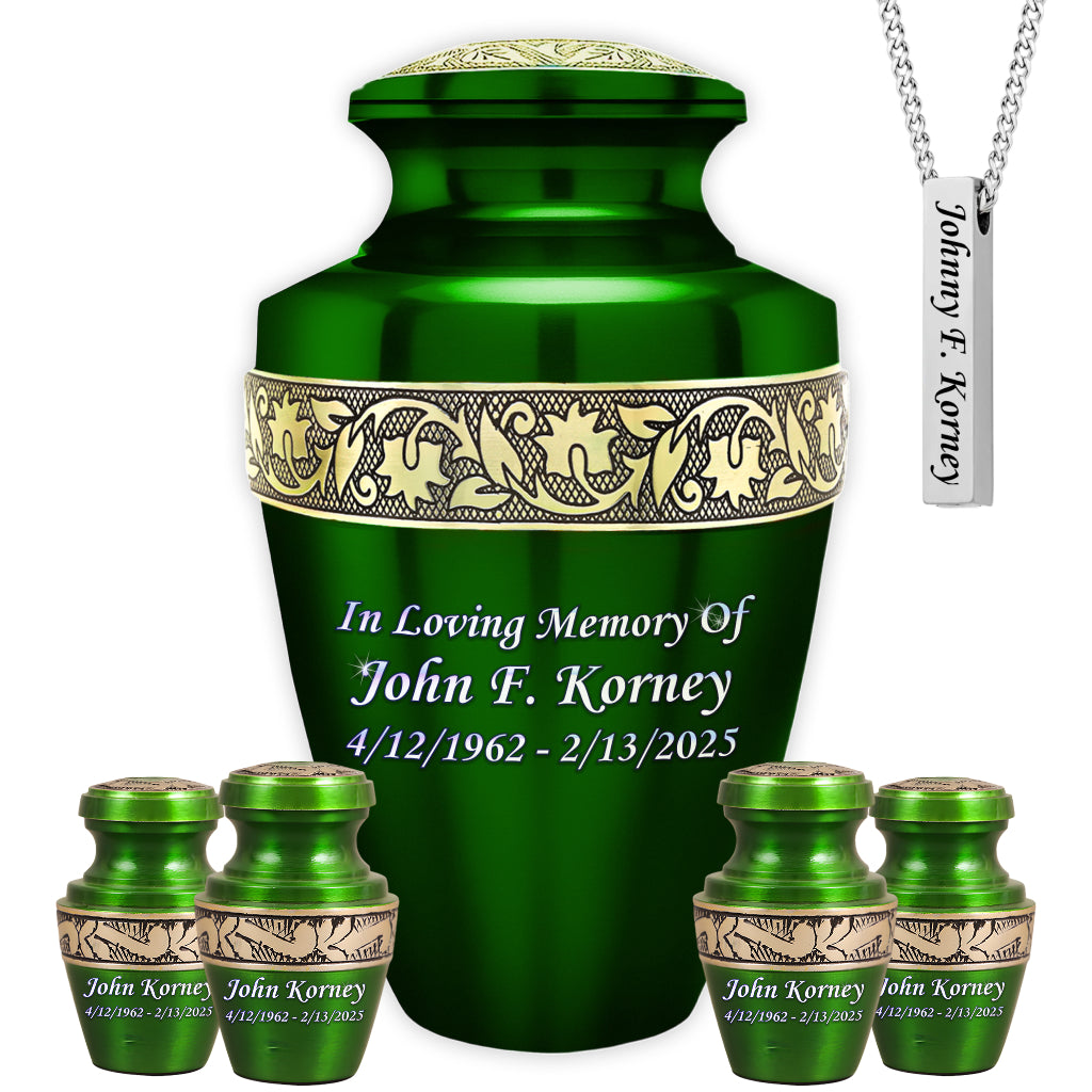 Green & Gold Engraved Grecian Cremation Urn