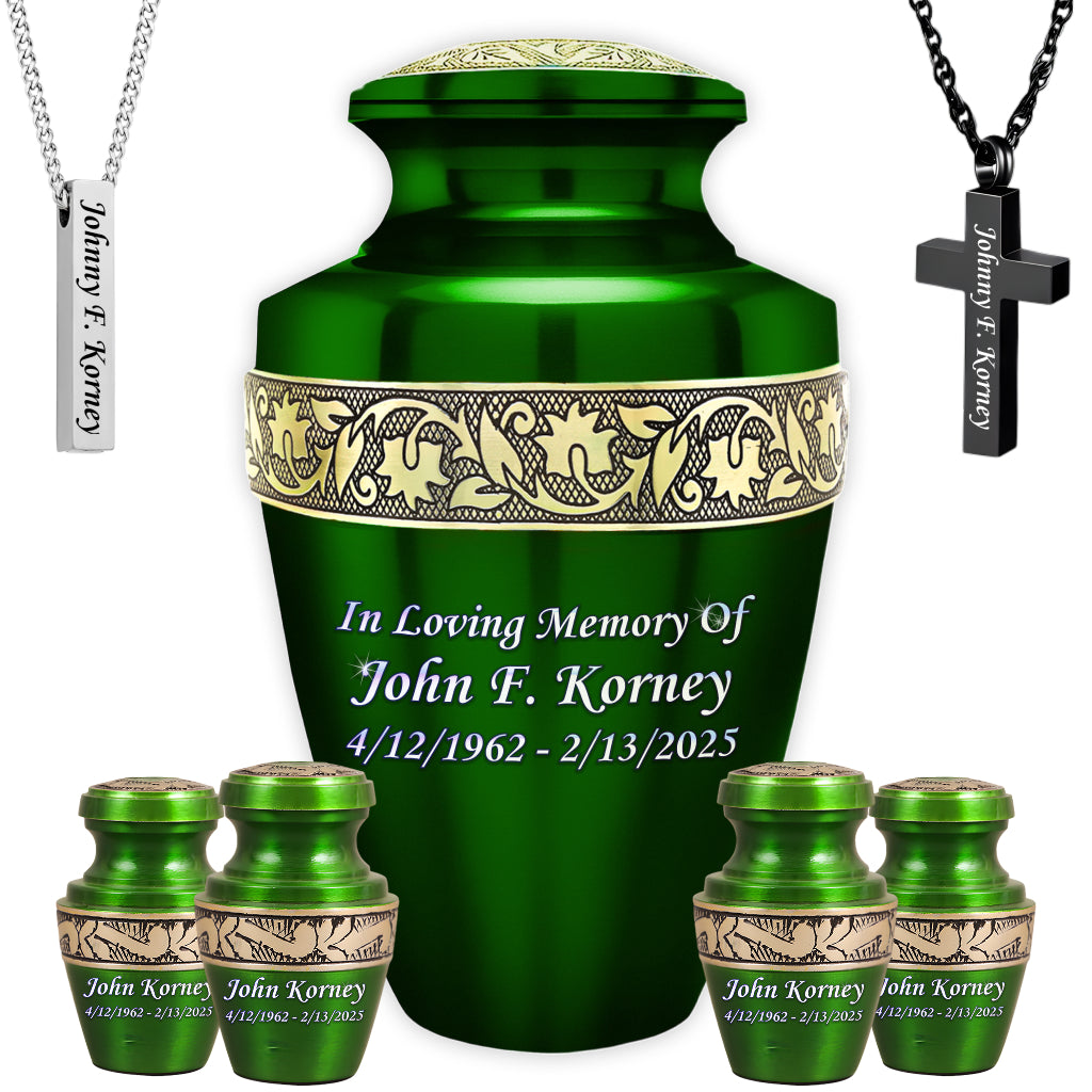 Green & Gold Engraved Grecian Cremation Urn