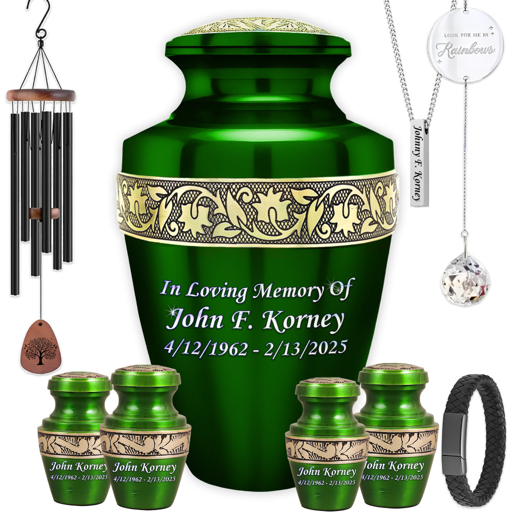 Green & Gold Engraved Grecian Cremation Urn