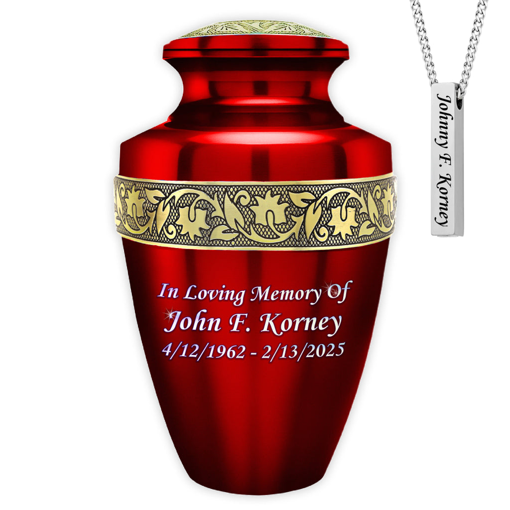 Red & Gold Engraved Grecian Cremation Urn