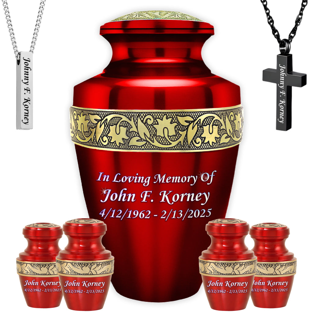 Red & Gold Engraved Grecian Cremation Urn