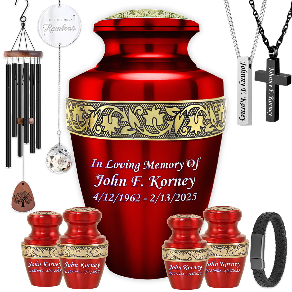 Red & Gold Engraved Grecian Cremation Urn
