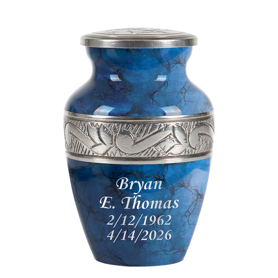 Blue Patch & Silver Engraved Cremation Urn
