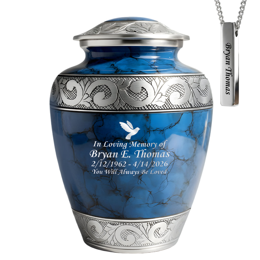 Blue Patch & Silver Engraved Cremation Urn