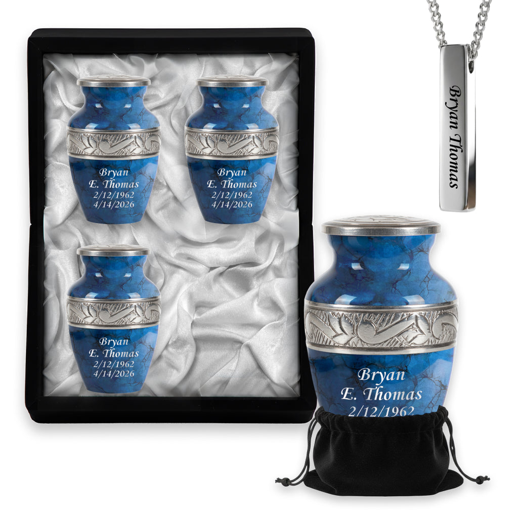 Blue Patch & Silver Engraved Cremation Urn
