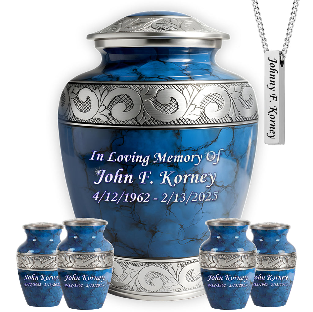 Blue Patch & Silver Engraved Cremation Urn