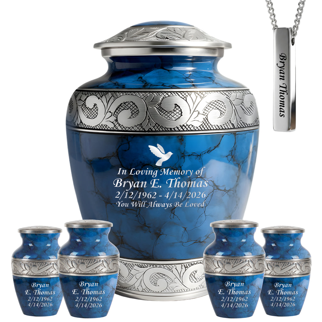 Blue Patch & Silver Engraved Cremation Urn