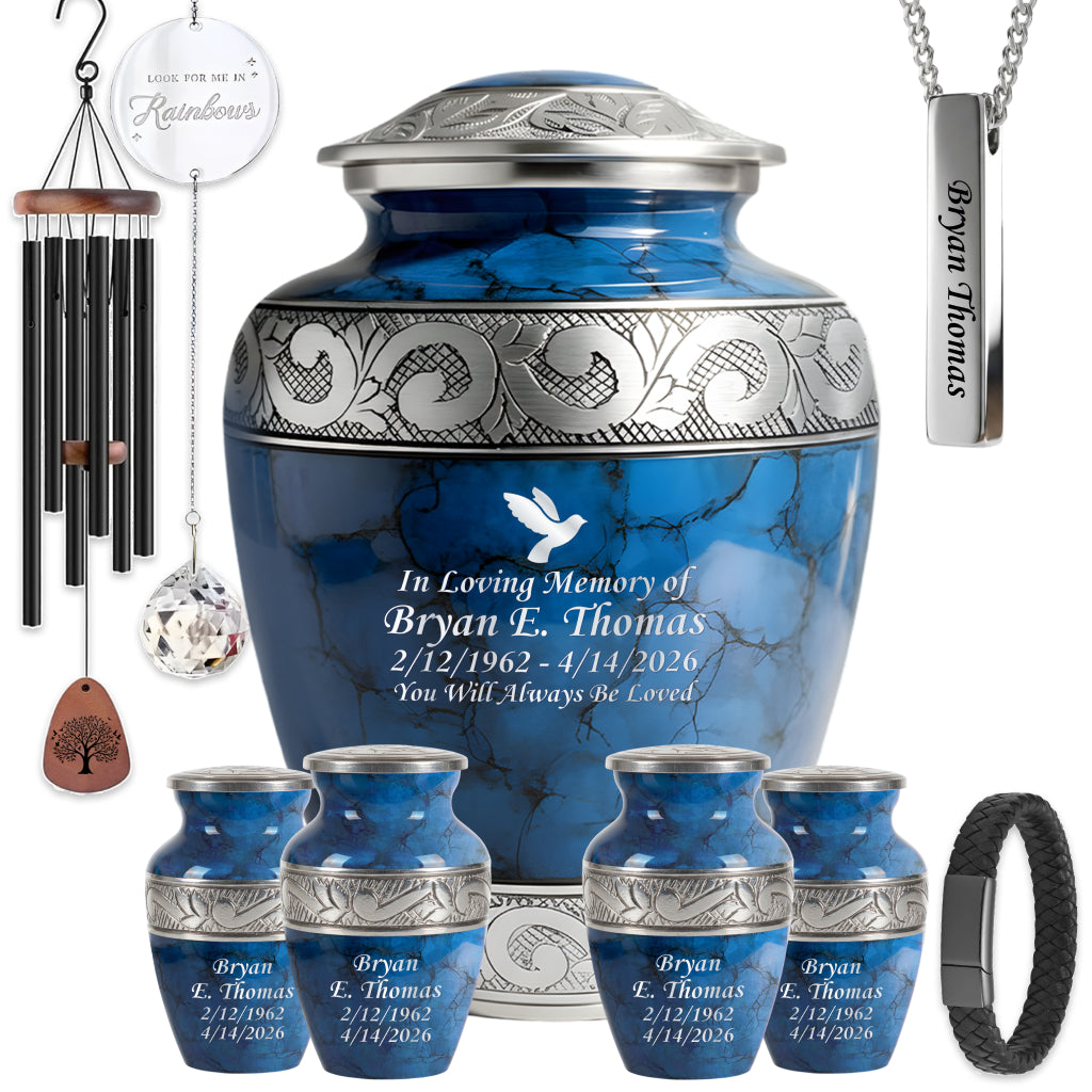 Blue Patch & Silver Engraved Cremation Urn