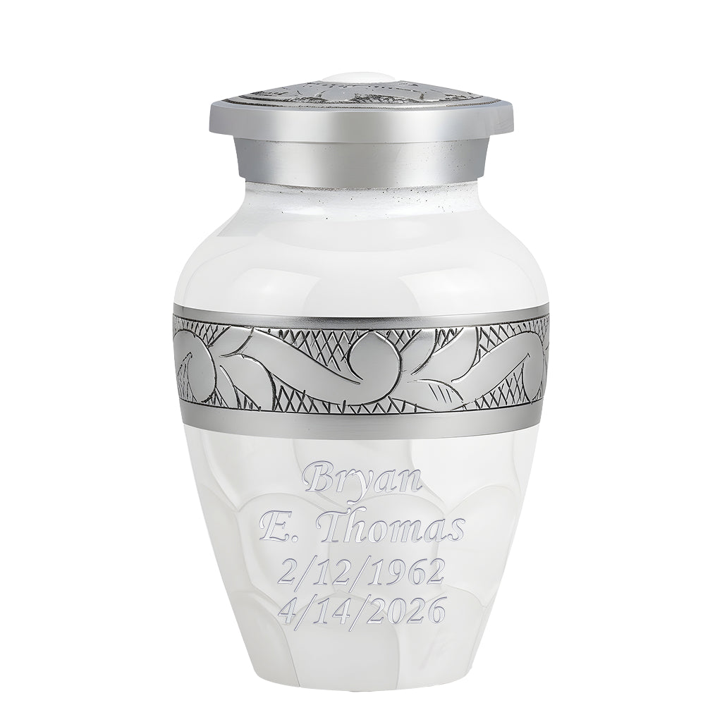 White Patch & Silver Hand-Engraved Cremation Urn