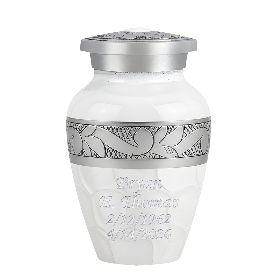 White Patch & Silver Hand-Engraved Cremation Urn