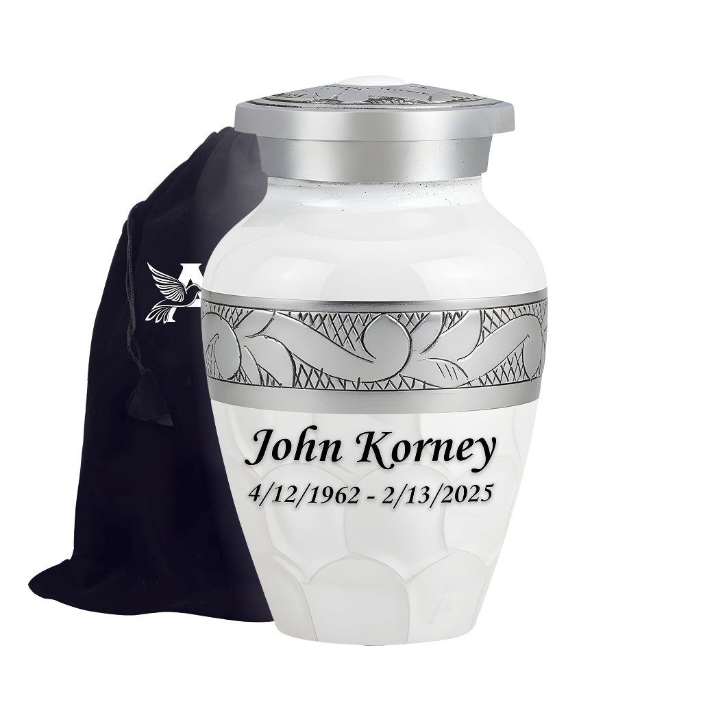 White Patch & Silver Hand-Engraved Cremation Urn
