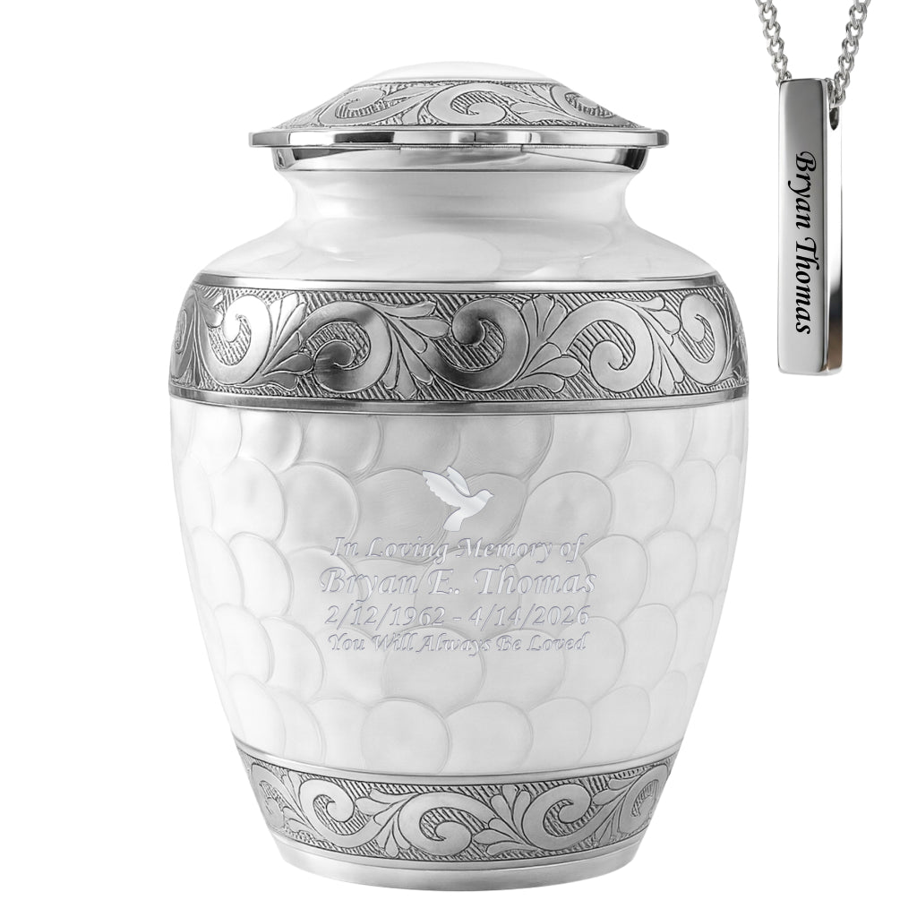 White Patch & Silver Hand-Engraved Cremation Urn