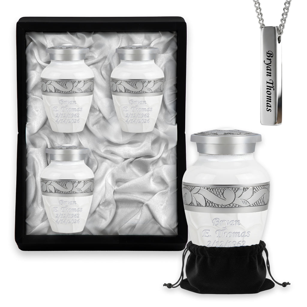White Patch & Silver Hand-Engraved Cremation Urn