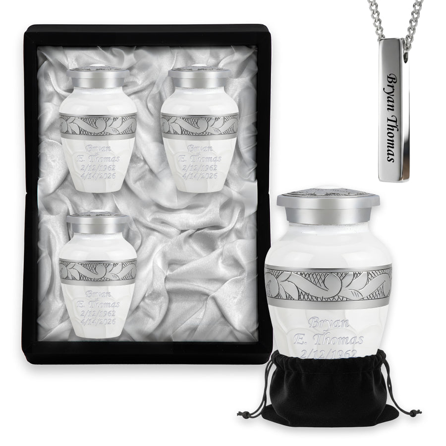 White Patch & Silver Hand-Engraved Cremation Urn