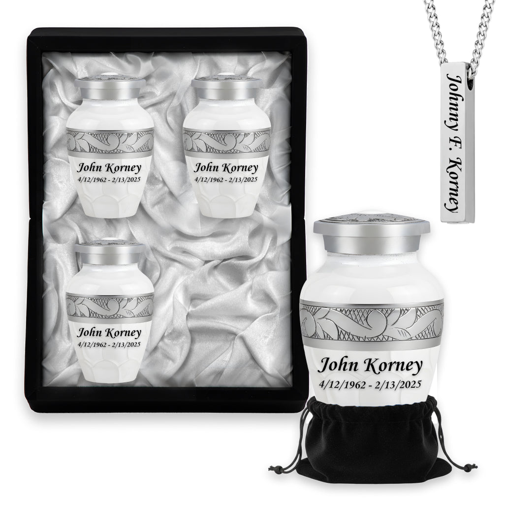 White Patch & Silver Hand-Engraved Cremation Urn