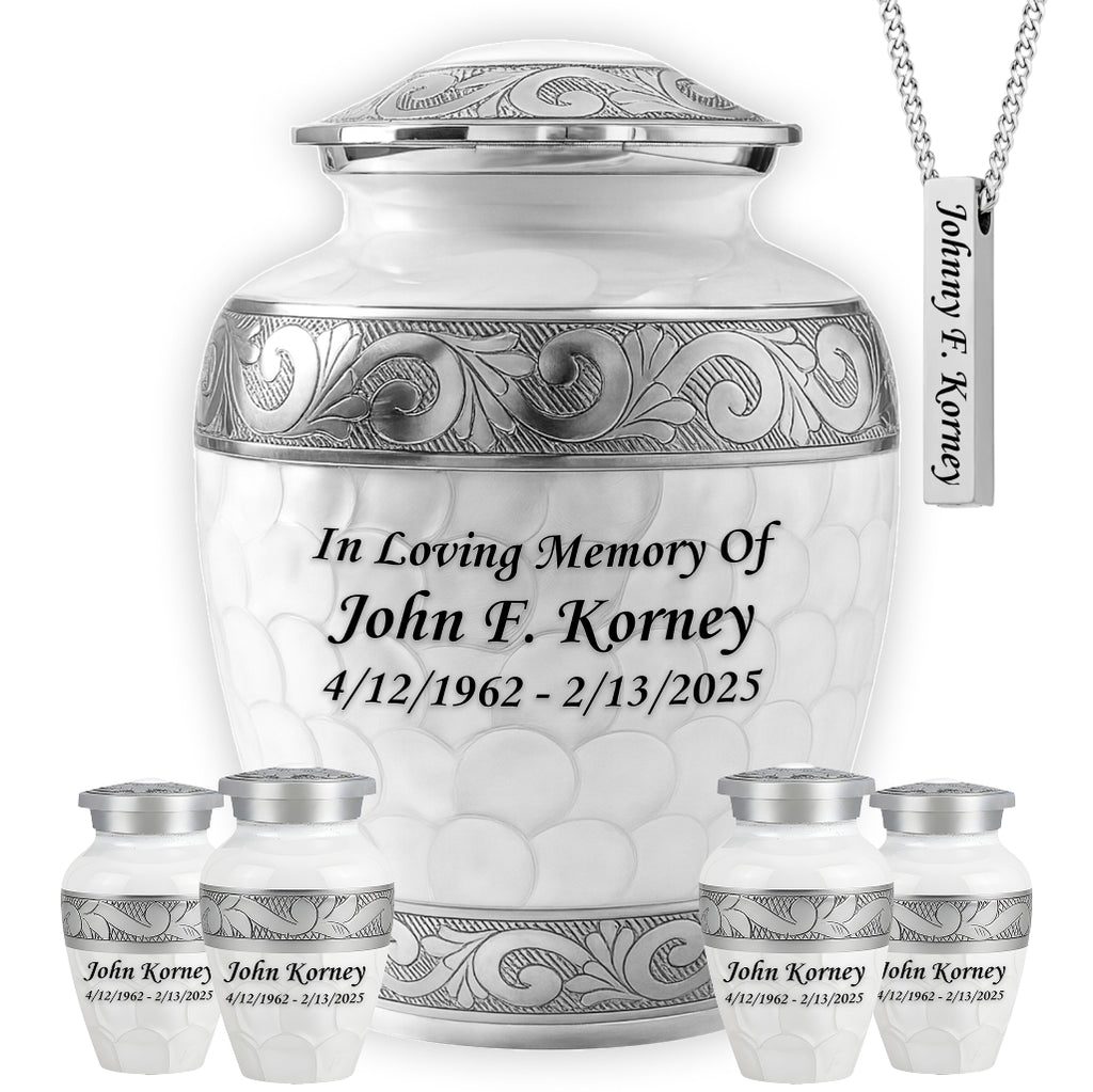 White Patch & Silver Hand-Engraved Cremation Urn