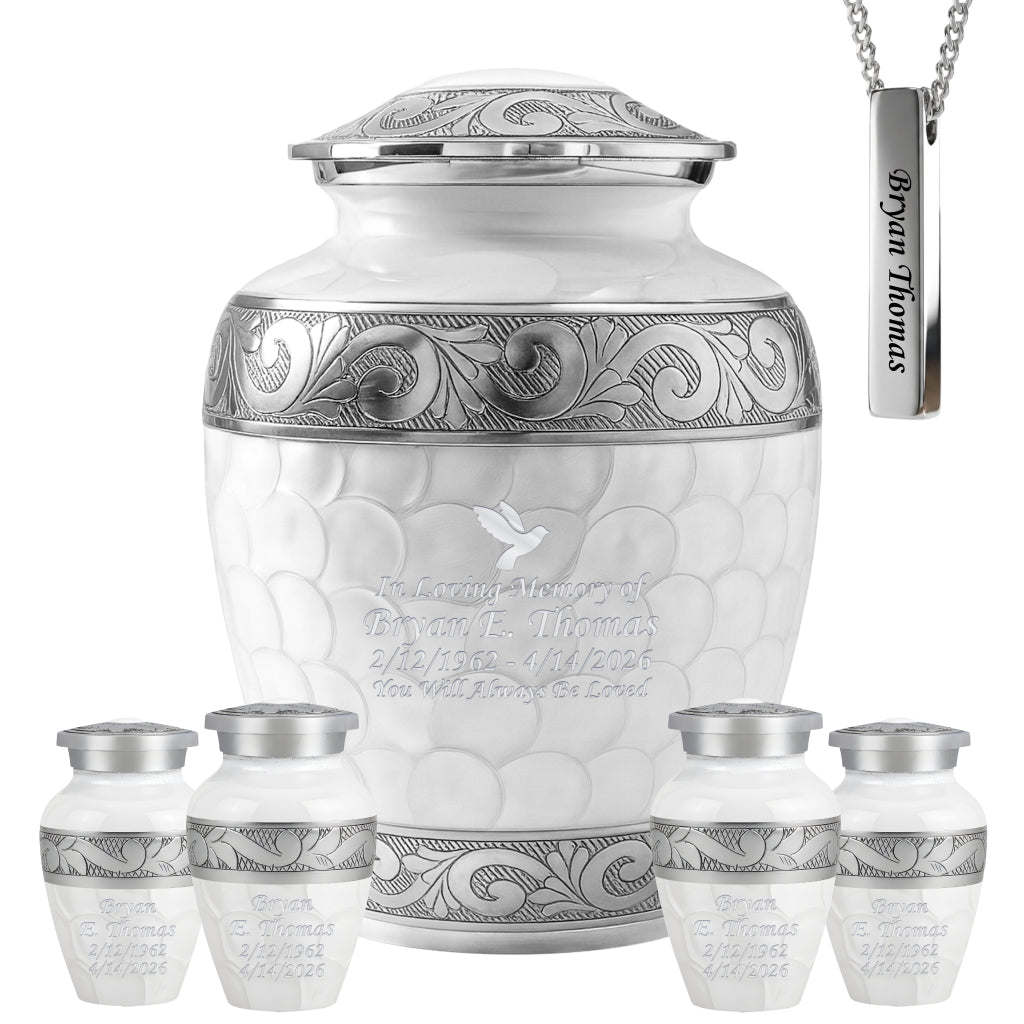 White Patch & Silver Hand-Engraved Cremation Urn