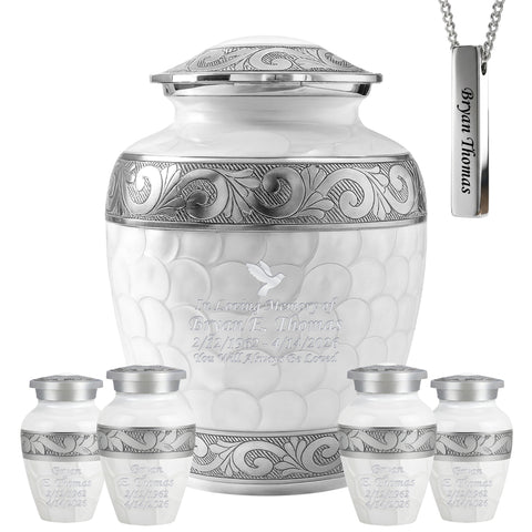 White Patch & Silver Hand-Engraved Cremation Urn