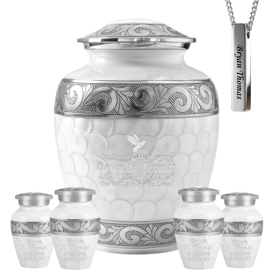 White Patch & Silver Hand-Engraved Cremation Urn