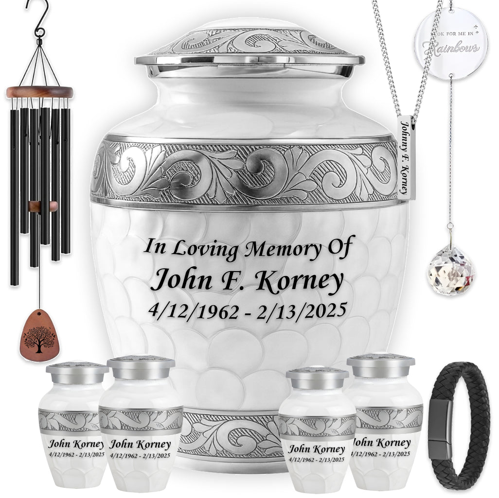 White Patch & Silver Hand-Engraved Cremation Urn