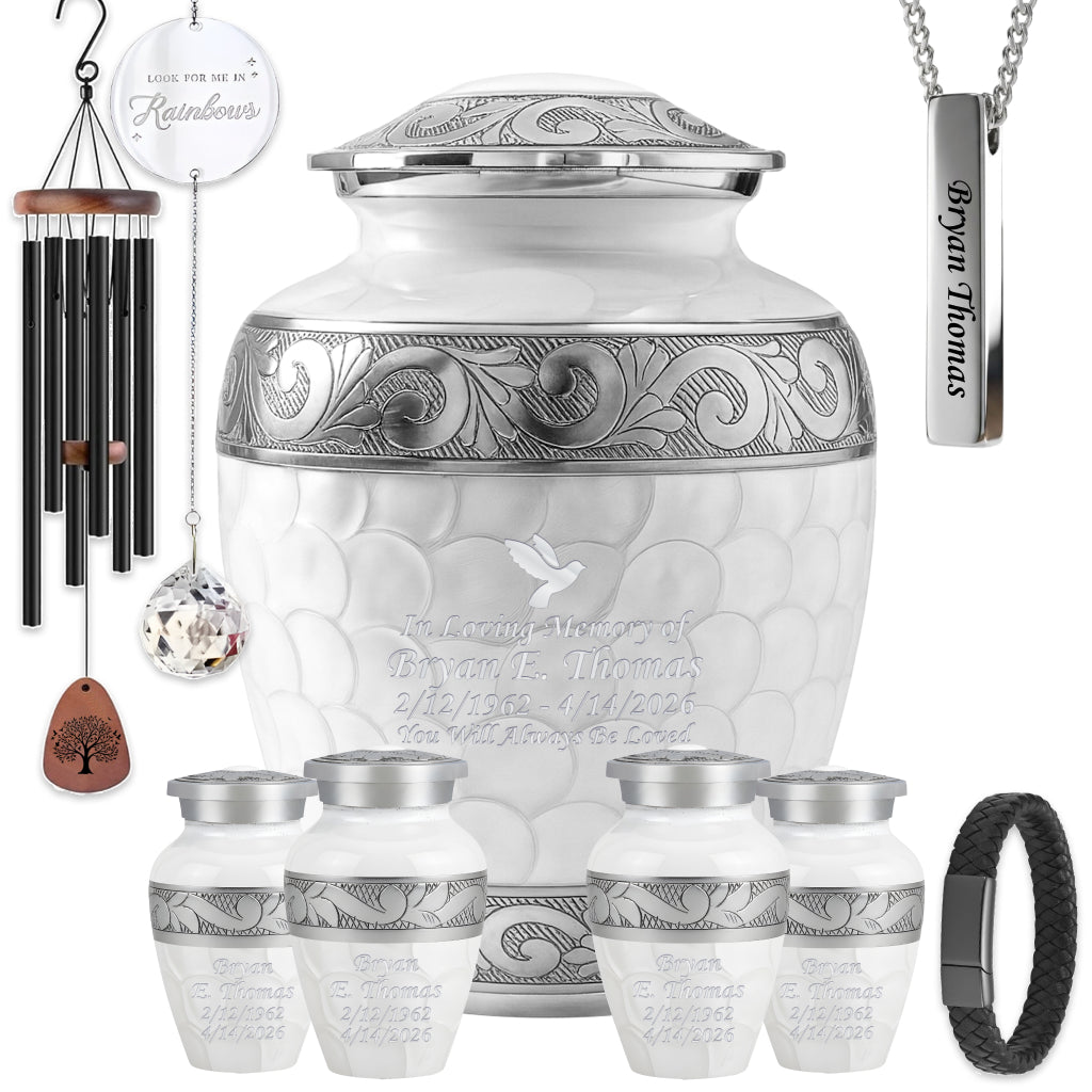 White Patch & Silver Hand-Engraved Cremation Urn