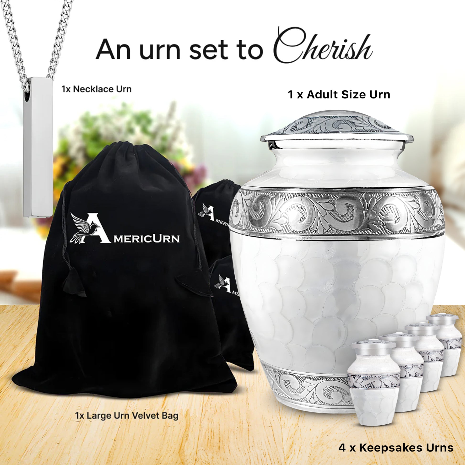 White Patch & Silver Hand-Engraved Urn