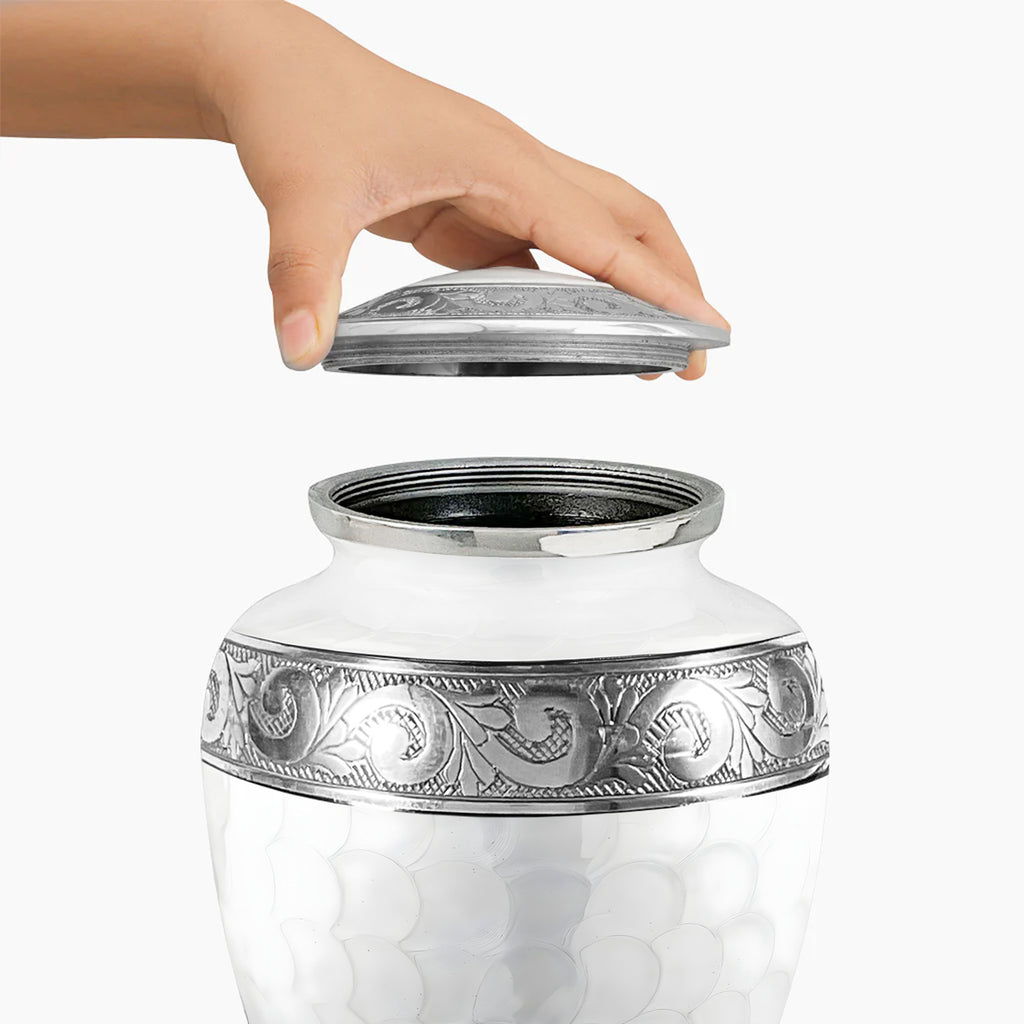 White Patch & Silver Hand-Engraved Urn
