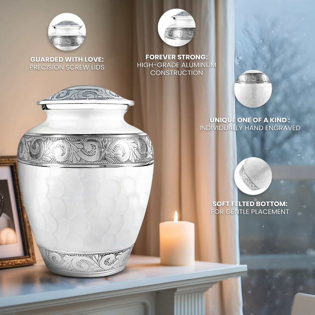 White Patch & Silver Hand-Engraved Urn