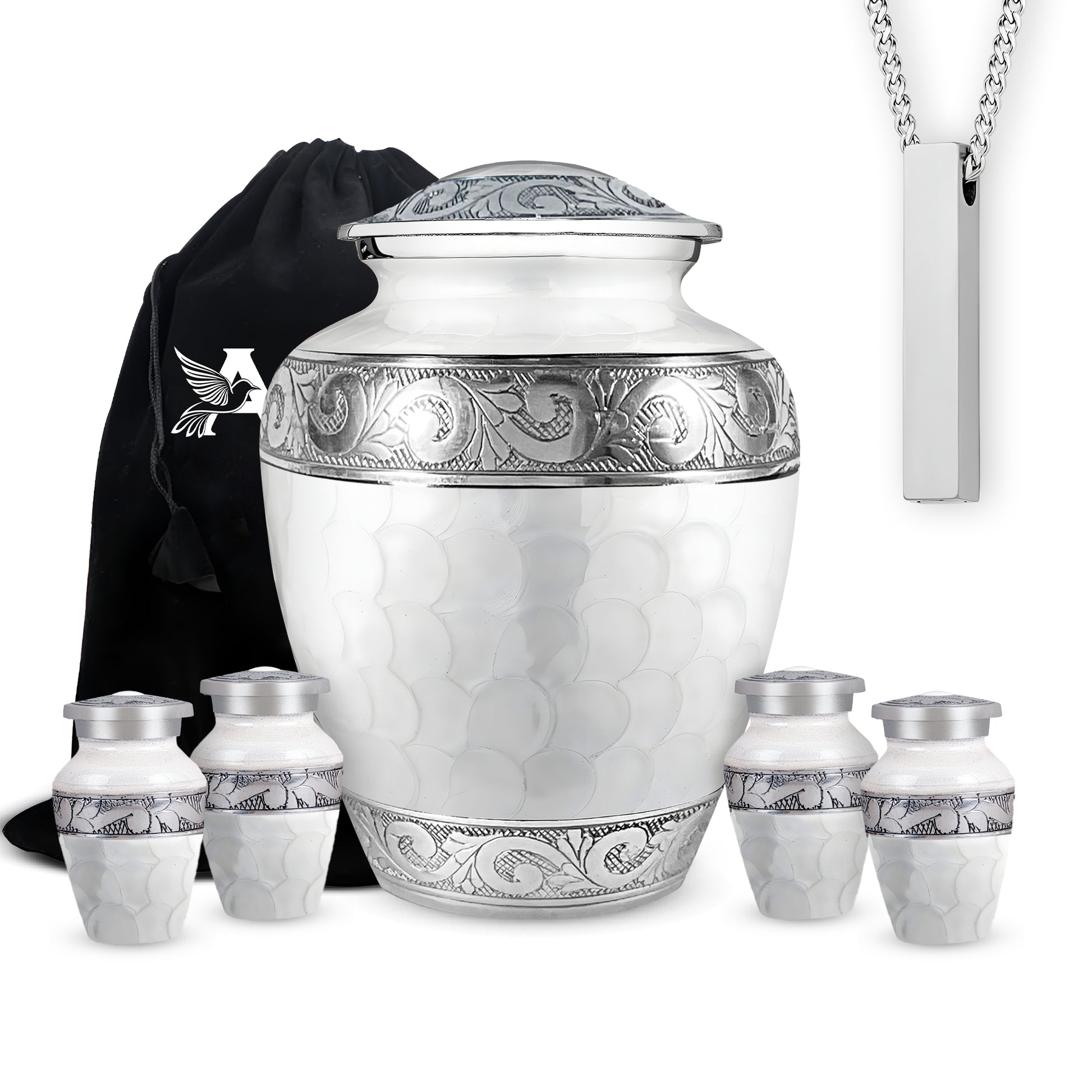 White Patch & Silver Hand-Engraved Urn