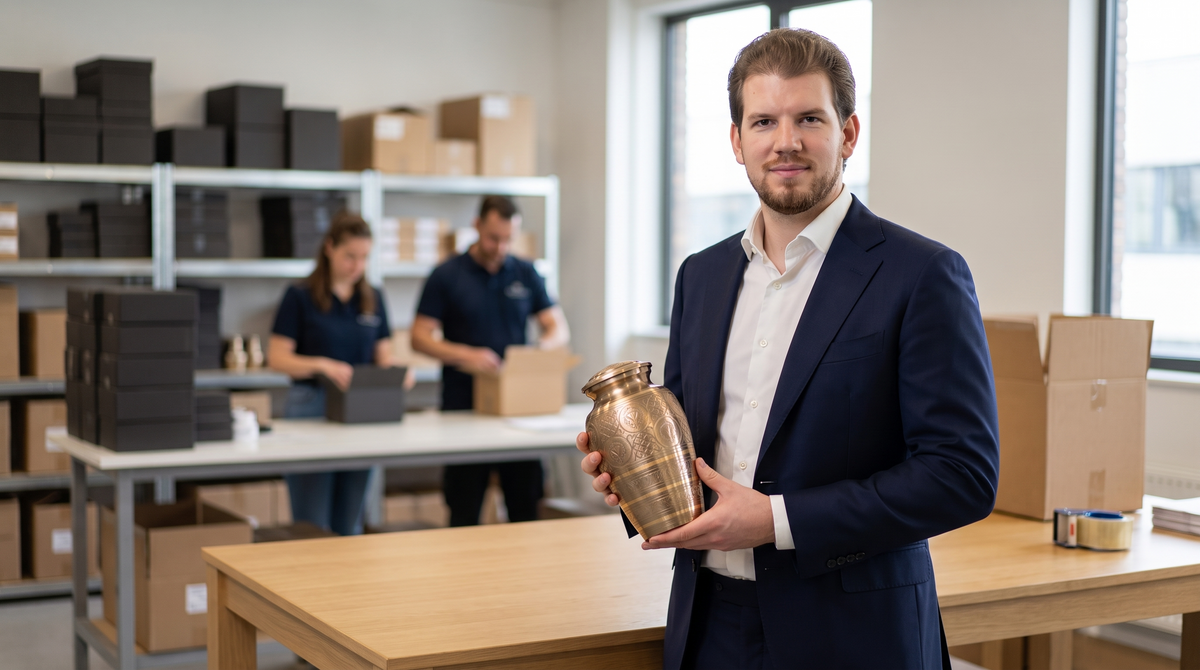 William, the owner, inspecting a packed urn in our Richmond warehouse